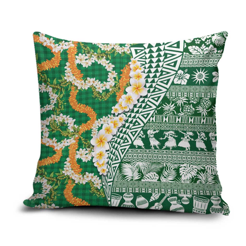 Hawaiian Plumeria Lei Pillow Cover Kakau Motifs and Palaka Half Style Green Color LT03 Green - Polynesian Pride