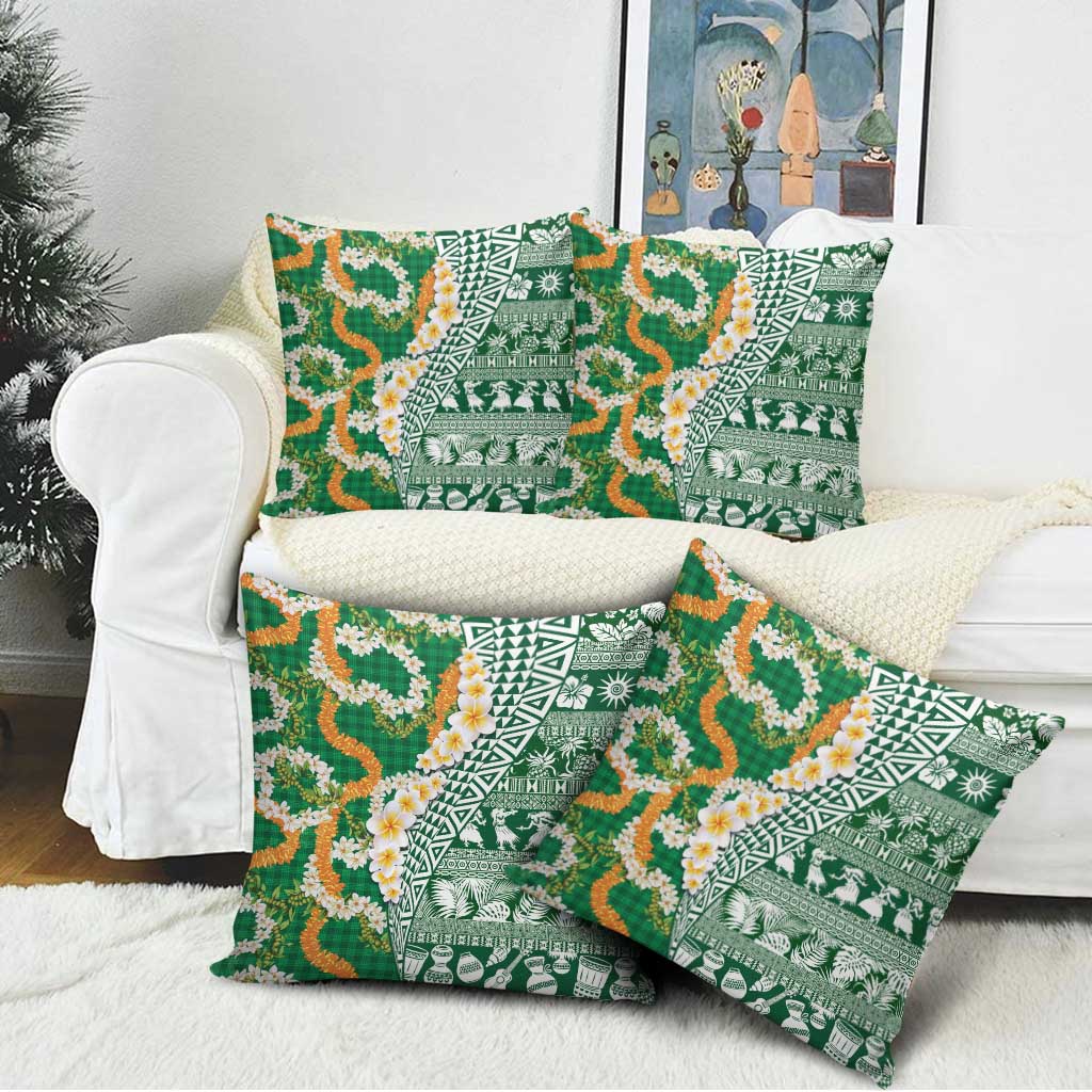 Hawaiian Plumeria Lei Pillow Cover Kakau Motifs and Palaka Half Style Green Color LT03 - Polynesian Pride