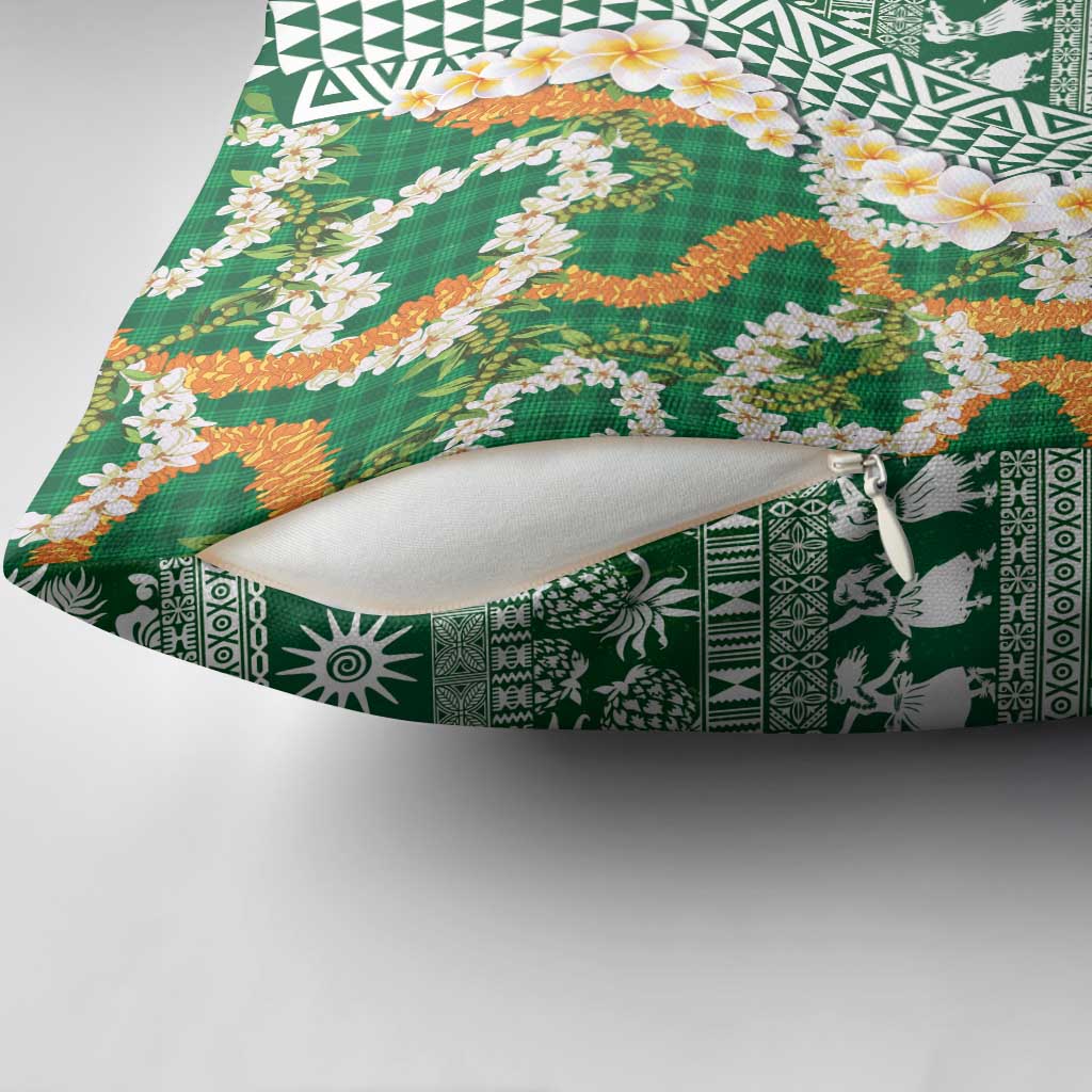 Hawaiian Plumeria Lei Pillow Cover Kakau Motifs and Palaka Half Style Green Color LT03 - Polynesian Pride