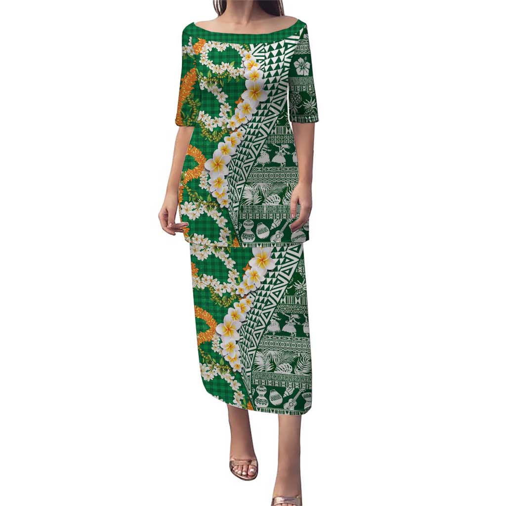 Hawaiian Plumeria Lei Puletasi Kakau Motifs and Palaka Half Style Green Color - Polynesian Pride