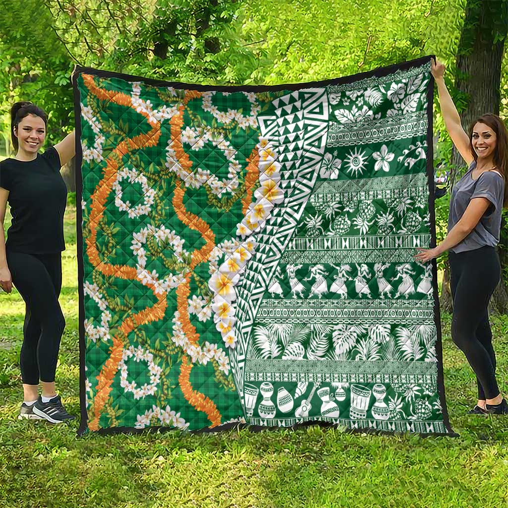 Hawaiian Plumeria Lei Quilt Kakau Motifs and Palaka Half Style Green Color LT03 - Polynesian Pride