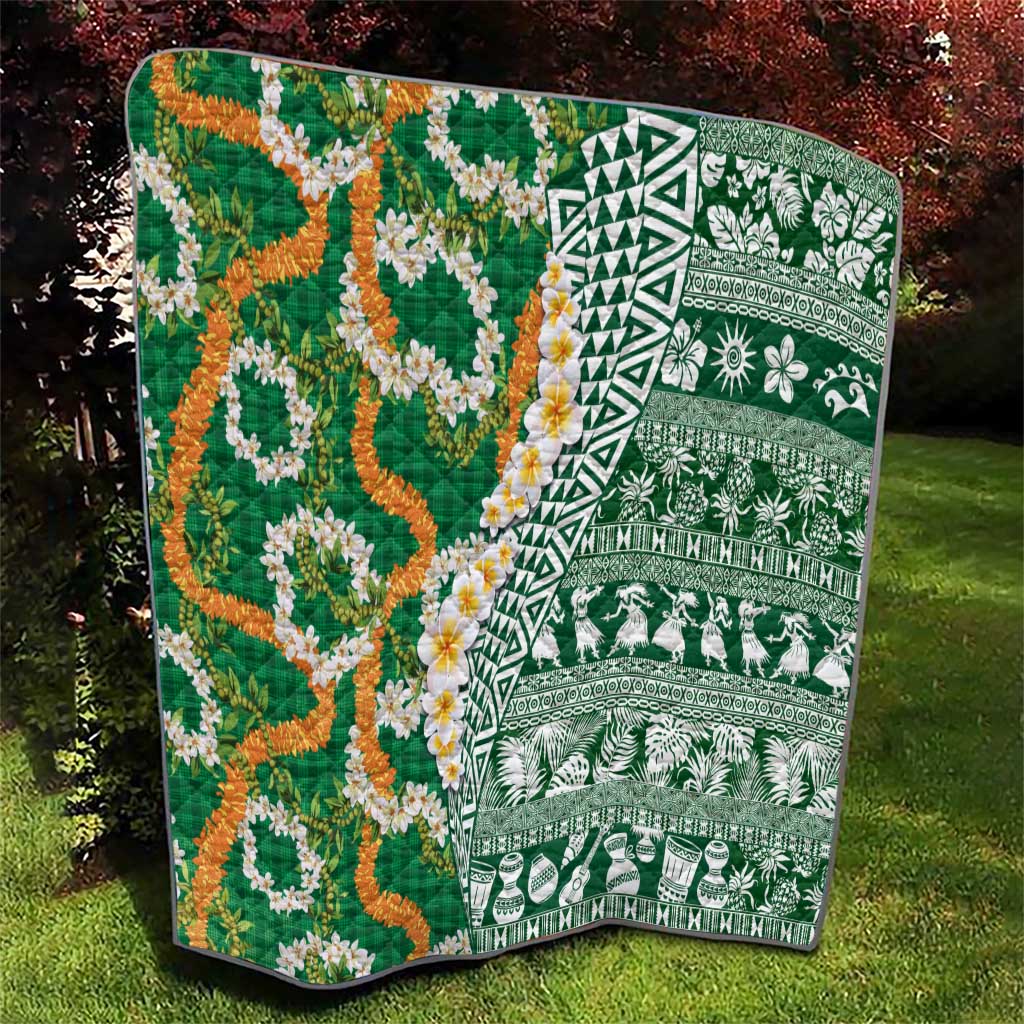 Hawaiian Plumeria Lei Quilt Kakau Motifs and Palaka Half Style Green Color LT03 - Polynesian Pride