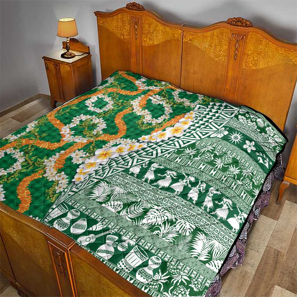 Hawaiian Plumeria Lei Quilt Kakau Motifs and Palaka Half Style Green Color LT03 - Polynesian Pride