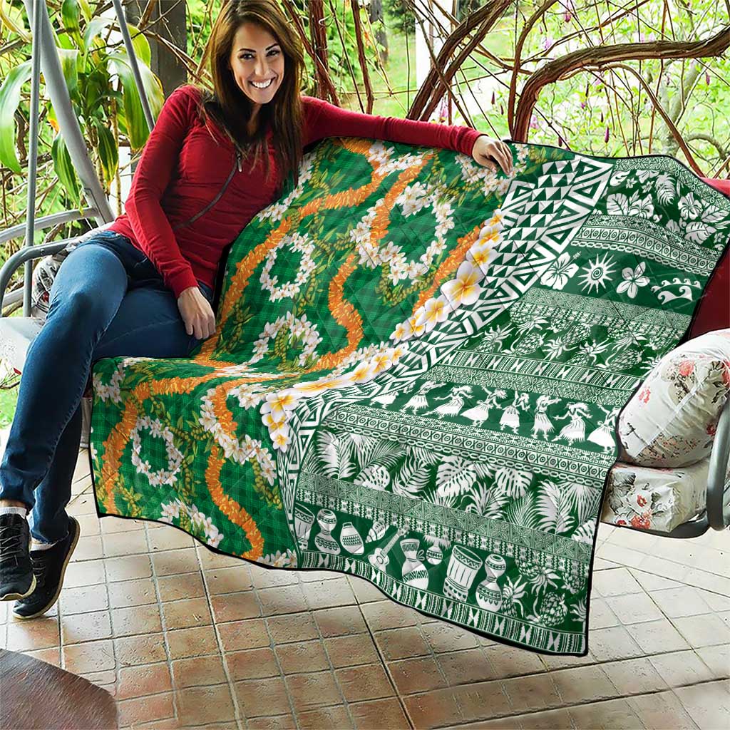 Hawaiian Plumeria Lei Quilt Kakau Motifs and Palaka Half Style Green Color LT03 - Polynesian Pride