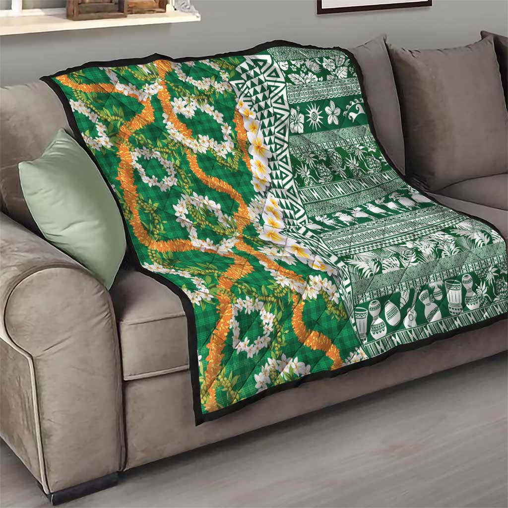 Hawaiian Plumeria Lei Quilt Kakau Motifs and Palaka Half Style Green Color LT03 - Polynesian Pride