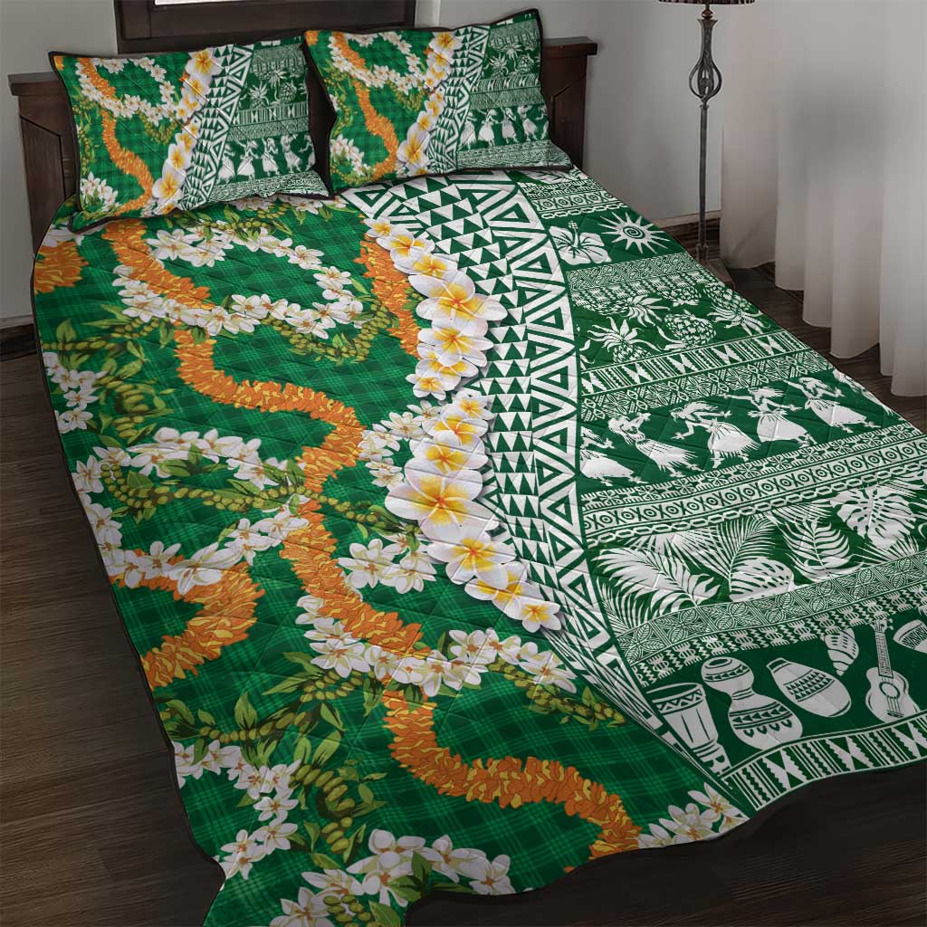 Hawaiian Plumeria Lei Quilt Bed Set Kakau Motifs and Palaka Half Style Green Color LT03 Green - Polynesian Pride
