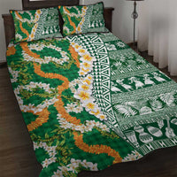Hawaiian Plumeria Lei Quilt Bed Set Kakau Motifs and Palaka Half Style Green Color LT03 Green - Polynesian Pride