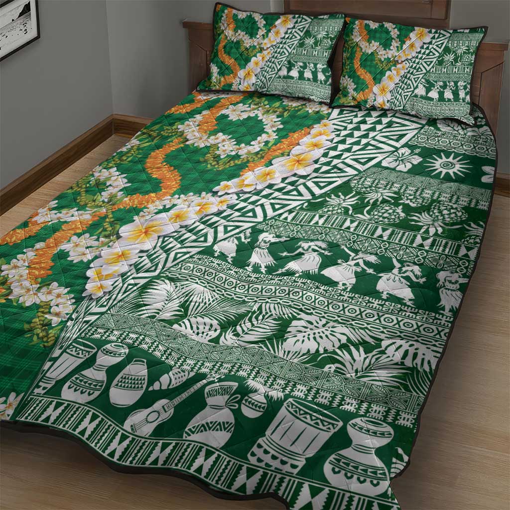 Hawaiian Plumeria Lei Quilt Bed Set Kakau Motifs and Palaka Half Style Green Color LT03 - Polynesian Pride