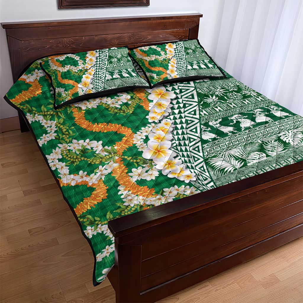 Hawaiian Plumeria Lei Quilt Bed Set Kakau Motifs and Palaka Half Style Green Color LT03 - Polynesian Pride