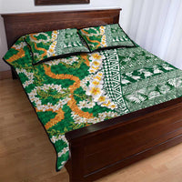 Hawaiian Plumeria Lei Quilt Bed Set Kakau Motifs and Palaka Half Style Green Color LT03 - Polynesian Pride