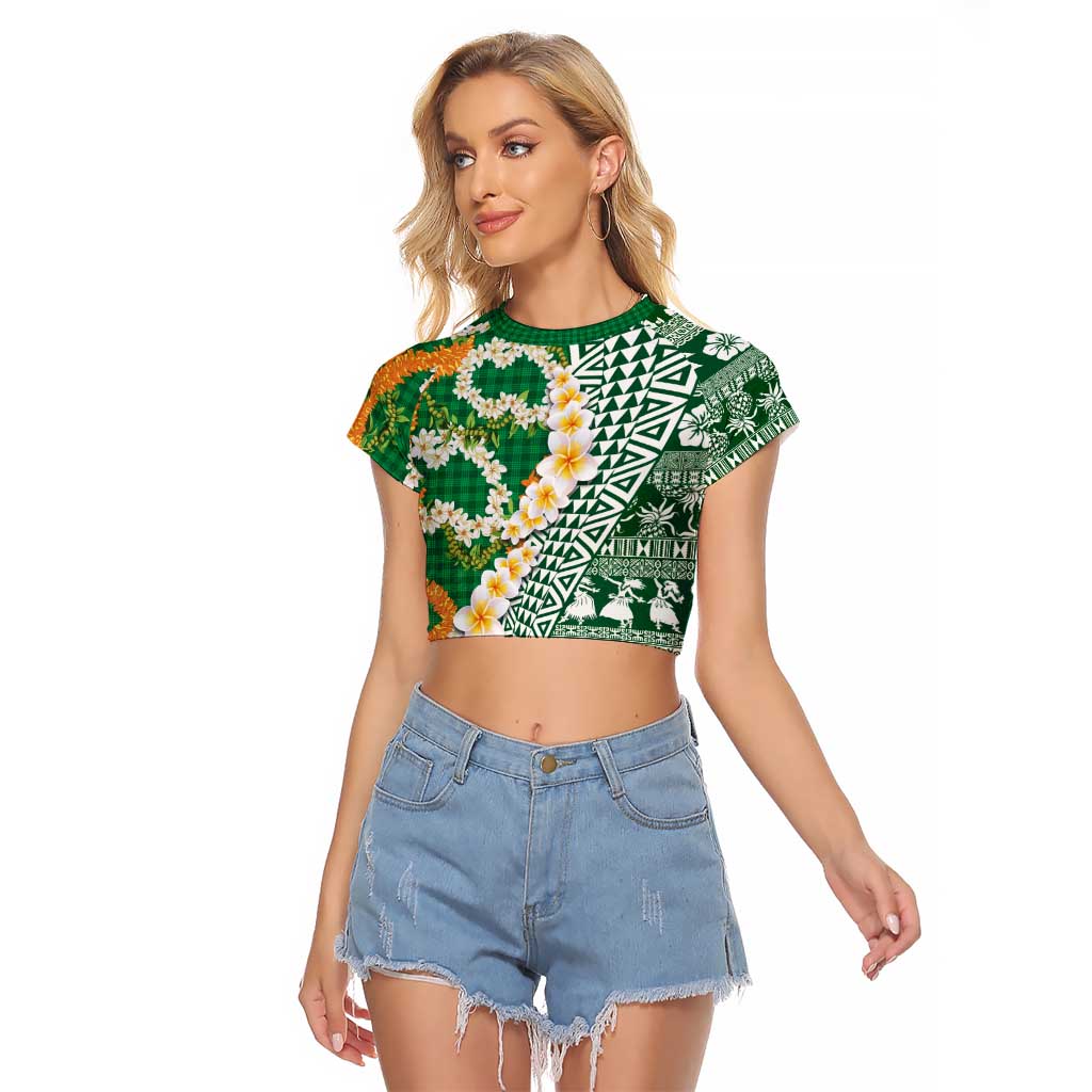 Hawaiian Plumeria Lei Raglan Cropped T Shirt Kakau Motifs and Palaka Half Style Green Color LT03 Female Green - Polynesian Pride