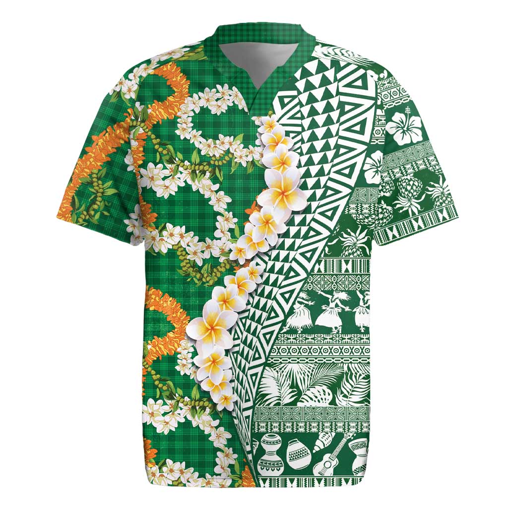 Hawaiian Plumeria Lei Rugby Jersey Kakau Motifs and Palaka Half Style Green Color LT03 Green - Polynesian Pride