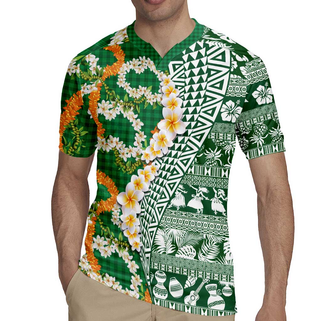 Hawaiian Plumeria Lei Rugby Jersey Kakau Motifs and Palaka Half Style Green Color LT03 - Polynesian Pride