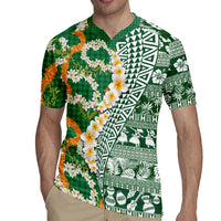 Hawaiian Plumeria Lei Rugby Jersey Kakau Motifs and Palaka Half Style Green Color LT03 - Polynesian Pride