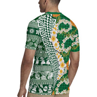 Hawaiian Plumeria Lei Rugby Jersey Kakau Motifs and Palaka Half Style Green Color LT03 - Polynesian Pride