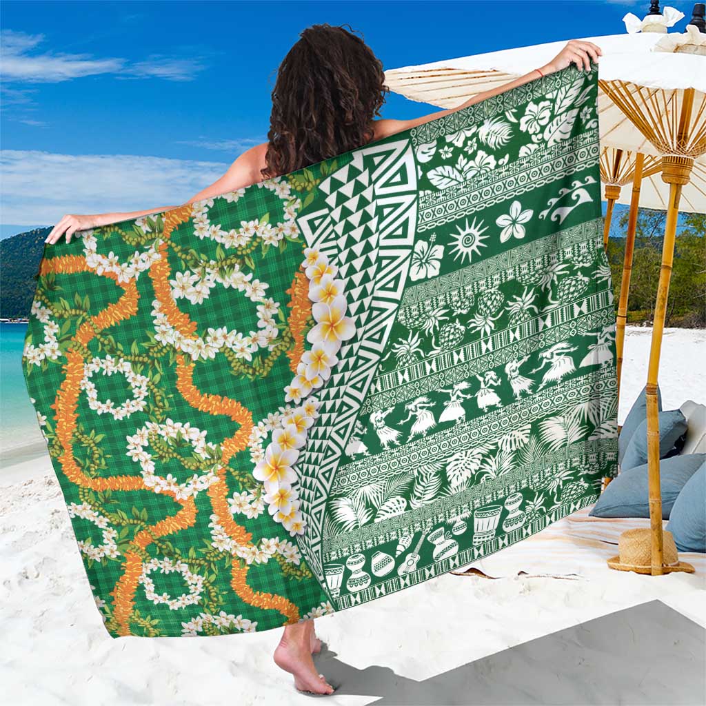Hawaiian Plumeria Lei Sarong Kakau Motifs and Palaka Half Style Green Color LT03 One Size 44 x 66 inches Green - Polynesian Pride
