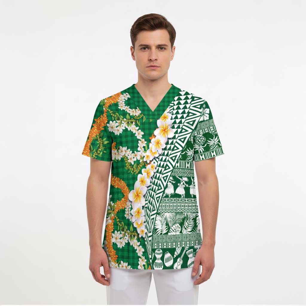 Hawaiian Plumeria Lei Scrub Top Kakau Motifs and Palaka Half Style Green Color LT03 - Polynesian Pride