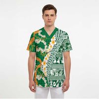 Hawaiian Plumeria Lei Scrub Top Kakau Motifs and Palaka Half Style Green Color LT03 - Polynesian Pride