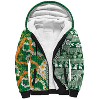 Hawaiian Plumeria Lei Sherpa Hoodie Kakau Motifs and Palaka Half Style Green Color LT03 Unisex Green - Polynesian Pride