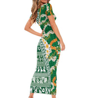 Hawaiian Plumeria Lei Short Sleeve Bodycon Dress Kakau Motifs and Palaka Half Style Green Color LT03 - Polynesian Pride