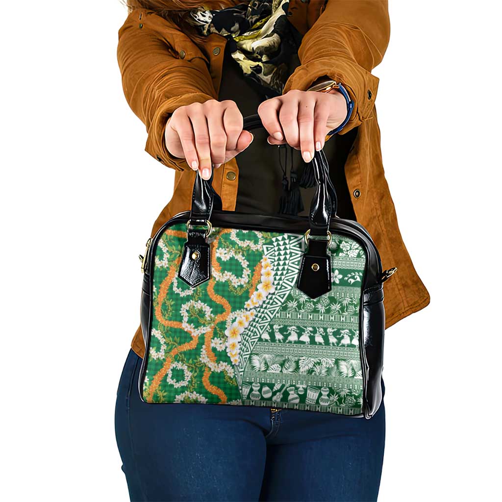 Hawaiian Plumeria Lei Shoulder Handbag Kakau Motifs and Palaka Half Style Green Color LT03 One Size Green - Polynesian Pride