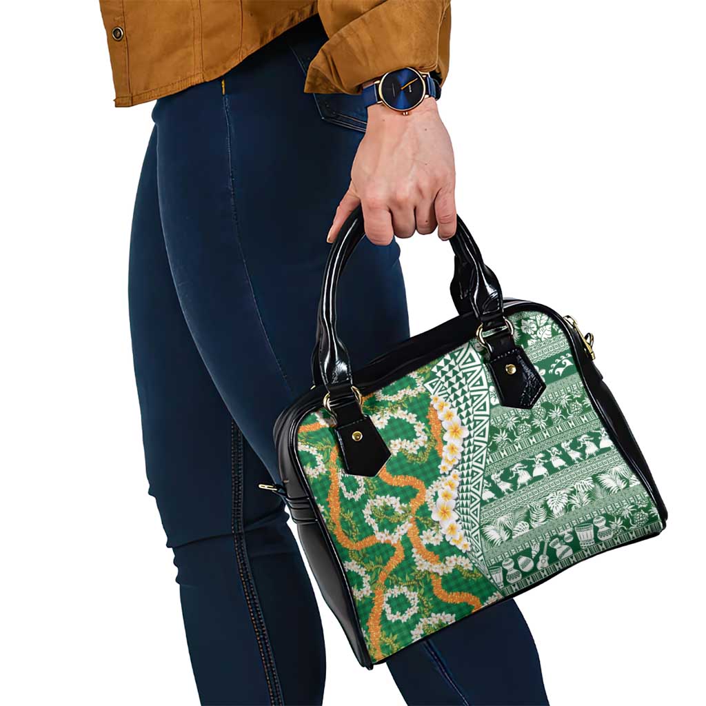 Hawaiian Plumeria Lei Shoulder Handbag Kakau Motifs and Palaka Half Style Green Color LT03 - Polynesian Pride