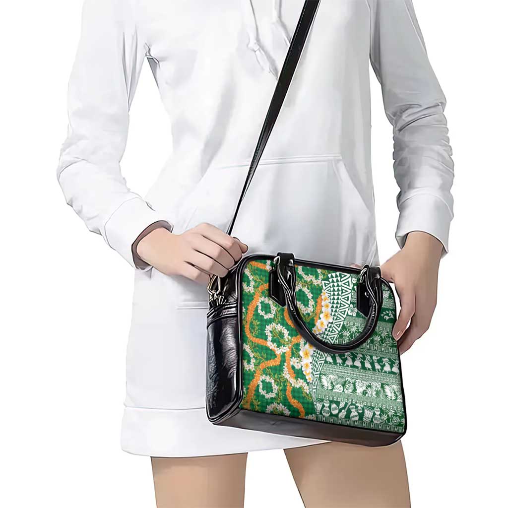 Hawaiian Plumeria Lei Shoulder Handbag Kakau Motifs and Palaka Half Style Green Color LT03 - Polynesian Pride