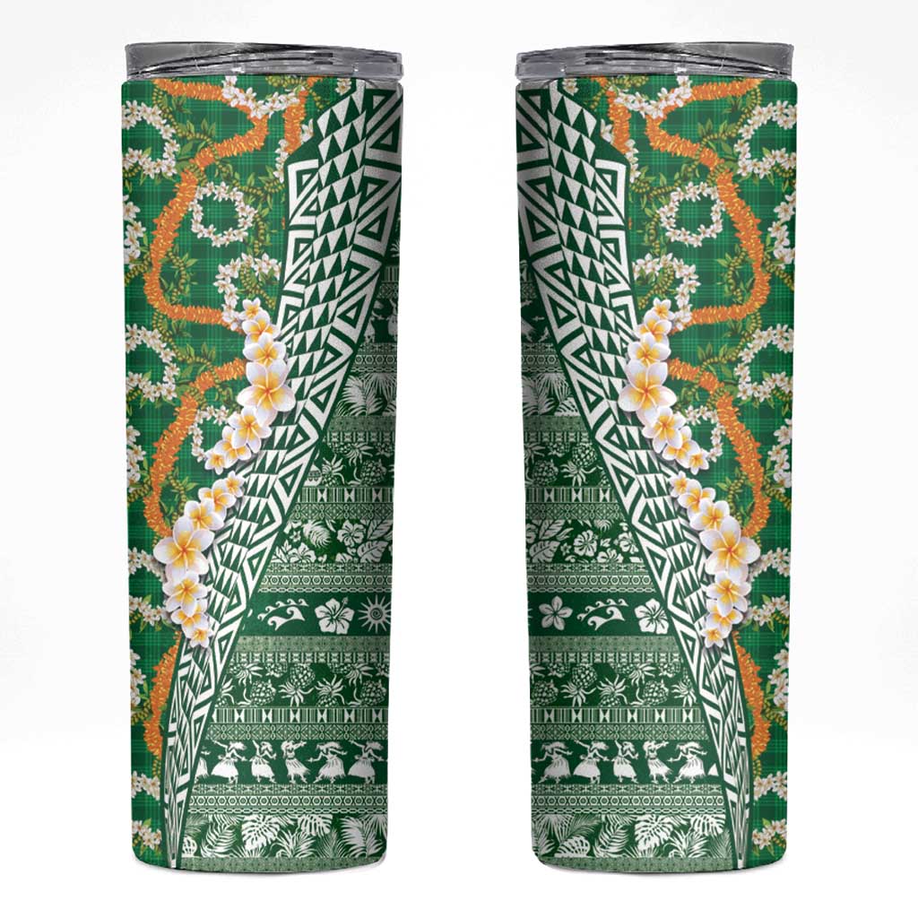 Hawaiian Plumeria Lei Skinny Tumbler Kakau Motifs and Palaka Half Style Green Color LT03 Green - Polynesian Pride