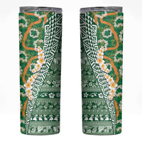 Hawaiian Plumeria Lei Skinny Tumbler Kakau Motifs and Palaka Half Style Green Color LT03 Green - Polynesian Pride