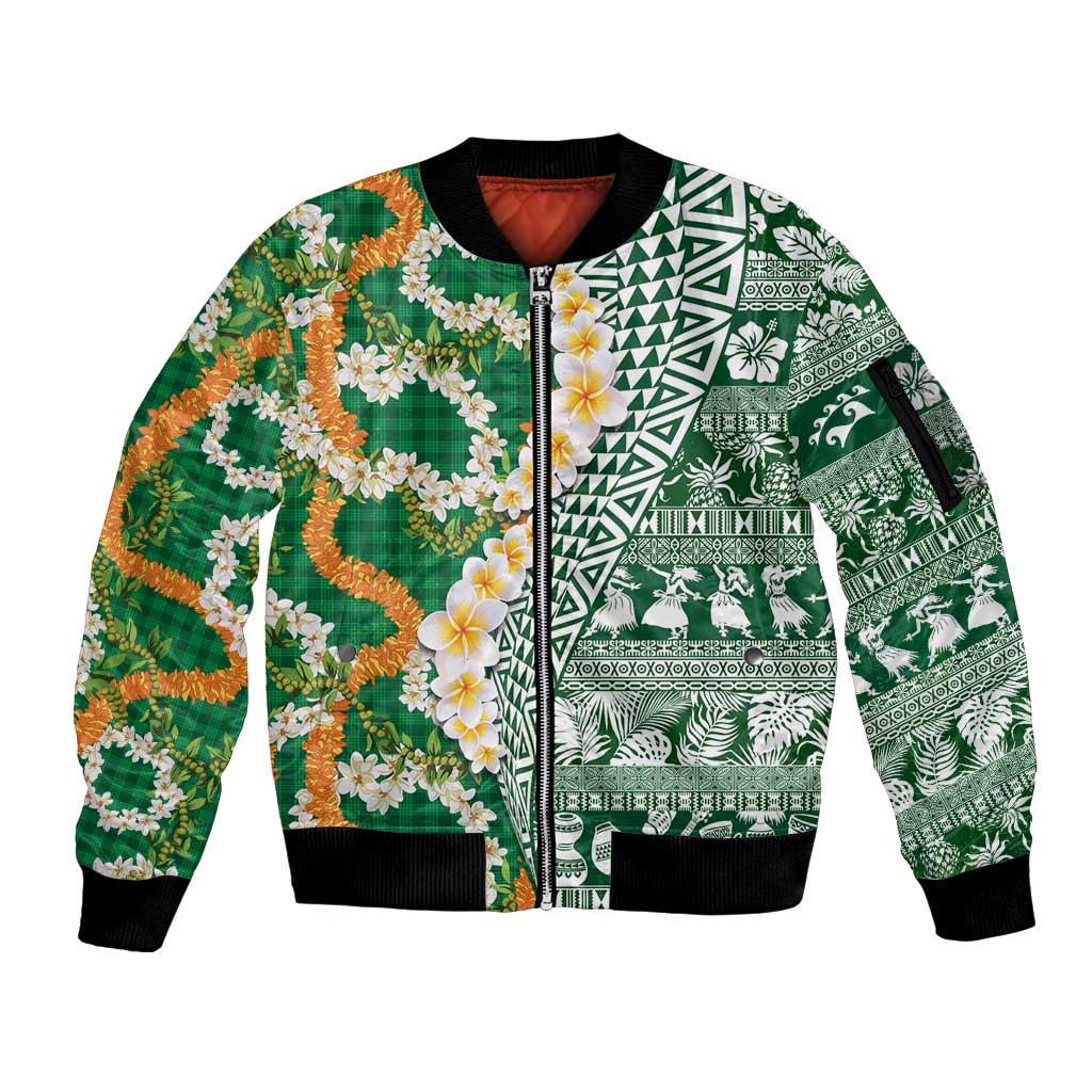 Hawaiian Plumeria Lei Sleeve Zip Bomber Jacket Kakau Motifs and Palaka Half Style Green Color LT03 Unisex Green - Polynesian Pride