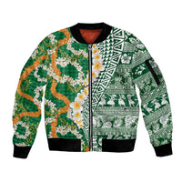 Hawaiian Plumeria Lei Sleeve Zip Bomber Jacket Kakau Motifs and Palaka Half Style Green Color LT03 Unisex Green - Polynesian Pride
