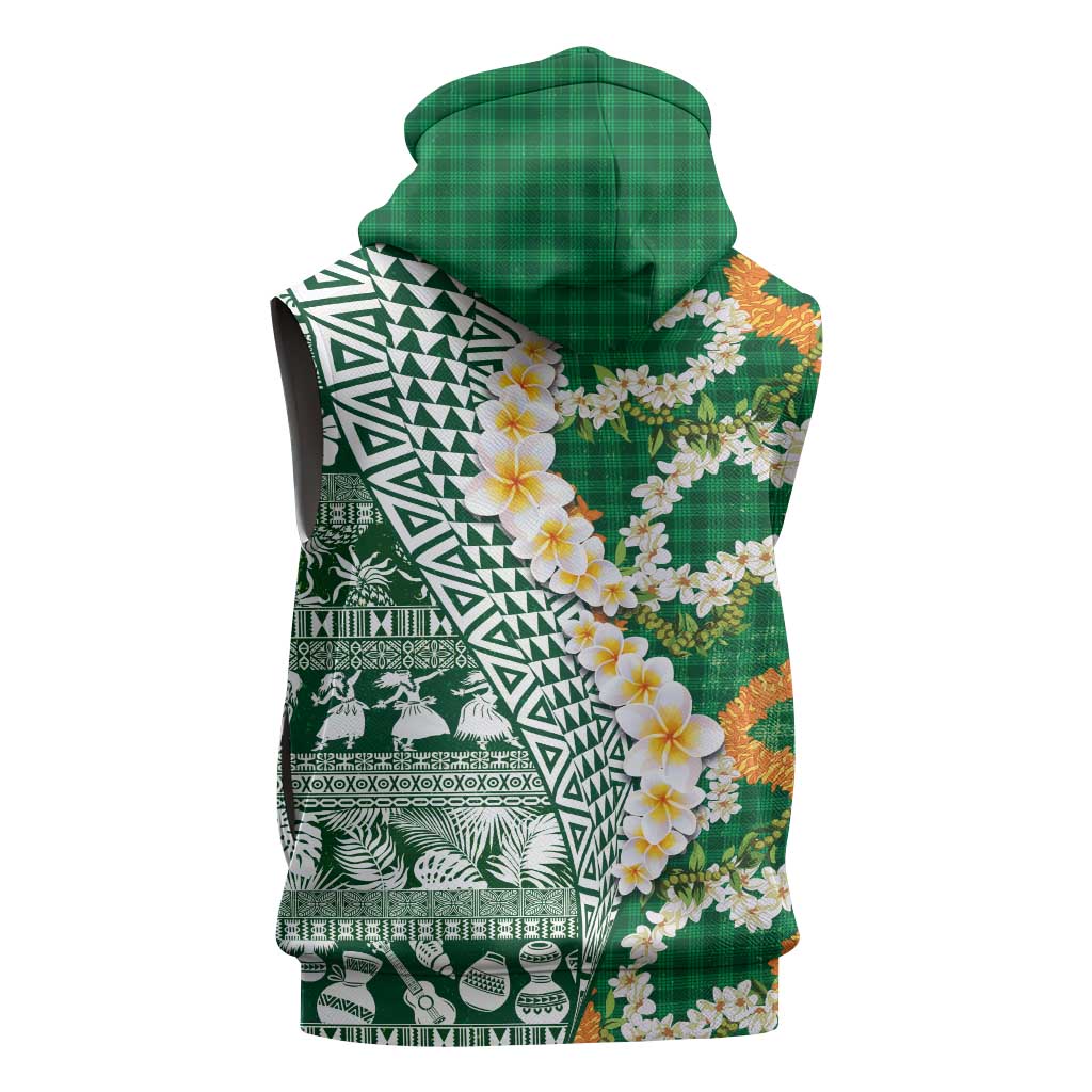 Hawaiian Plumeria Lei Sleeveless Hoodie Kakau Motifs and Palaka Half Style Green Color LT03 - Polynesian Pride