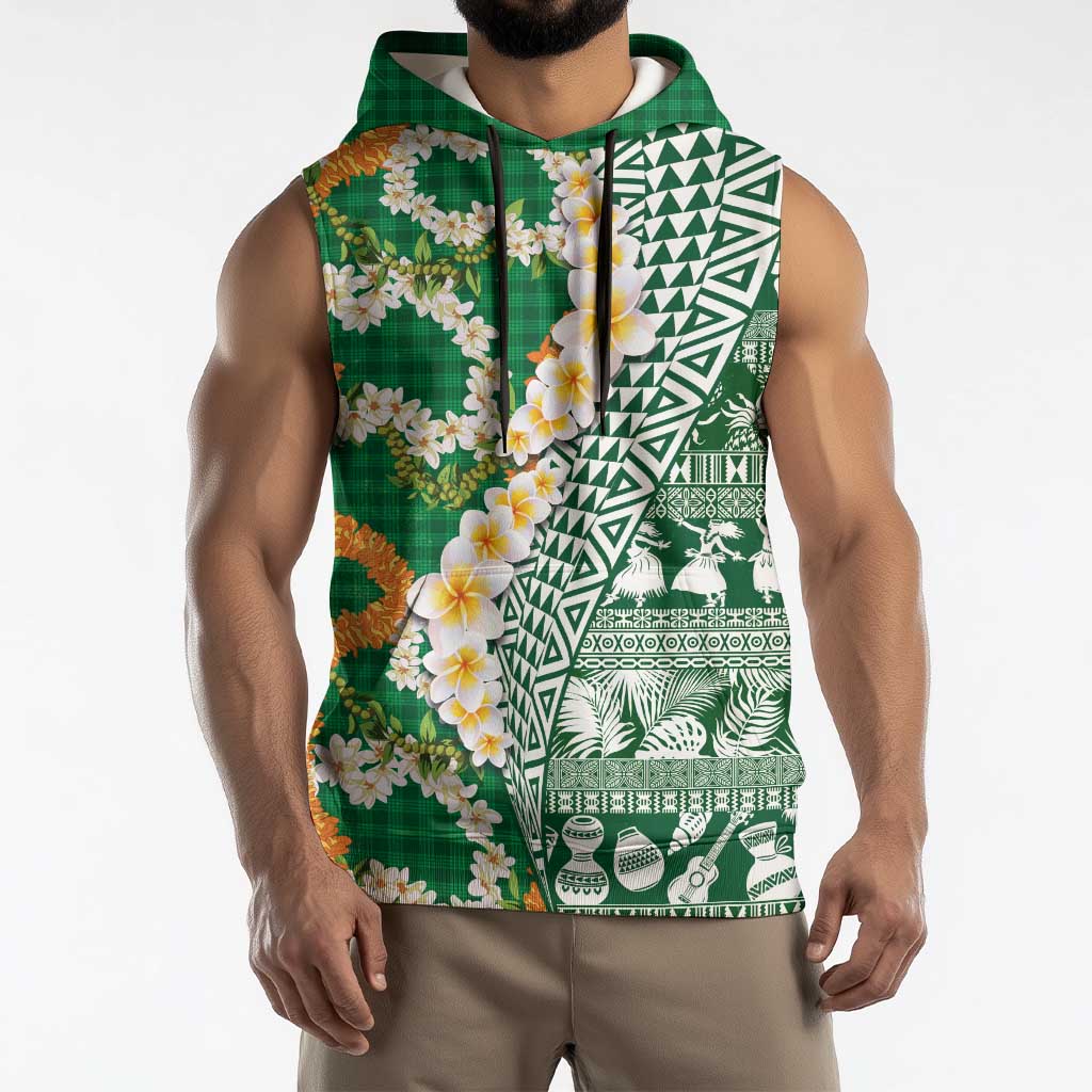 Hawaiian Plumeria Lei Sleeveless Hoodie Kakau Motifs and Palaka Half Style Green Color LT03 - Polynesian Pride