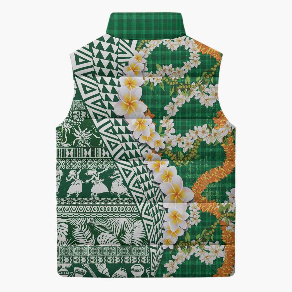 Hawaiian Plumeria Lei Sleeveless Puffer Jacket Kakau Motifs and Palaka Half Style Green Color LT03 - Polynesian Pride