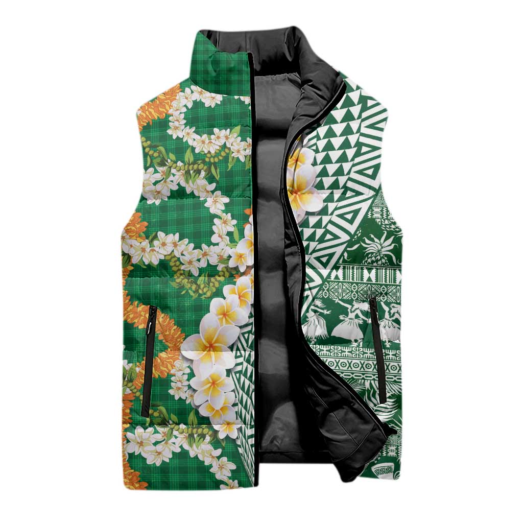 Hawaiian Plumeria Lei Sleeveless Puffer Jacket Kakau Motifs and Palaka Half Style Green Color LT03 - Polynesian Pride