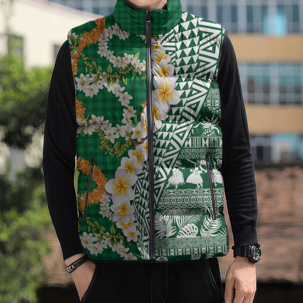 Hawaiian Plumeria Lei Sleeveless Puffer Jacket Kakau Motifs and Palaka Half Style Green Color LT03 - Polynesian Pride
