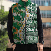 Hawaiian Plumeria Lei Sleeveless Puffer Jacket Kakau Motifs and Palaka Half Style Green Color LT03 - Polynesian Pride