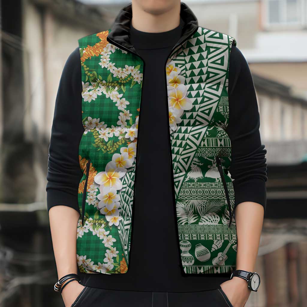Hawaiian Plumeria Lei Sleeveless Puffer Jacket Kakau Motifs and Palaka Half Style Green Color LT03 - Polynesian Pride
