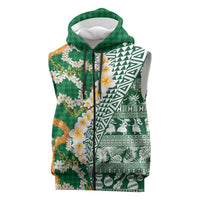 Hawaiian Plumeria Lei Sleeveless Zip Hoodie Kakau Motifs and Palaka Half Style Green Color LT03 Green - Polynesian Pride