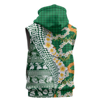 Hawaiian Plumeria Lei Sleeveless Zip Hoodie Kakau Motifs and Palaka Half Style Green Color LT03 - Polynesian Pride
