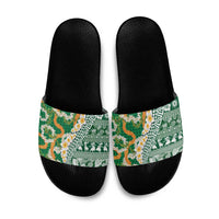 Hawaiian Plumeria Lei Slide Sandals Kakau Motifs and Palaka Half Style Green Color LT03 Green - Polynesian Pride