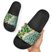 Hawaiian Plumeria Lei Slide Sandals Kakau Motifs and Palaka Half Style Green Color LT03 - Polynesian Pride