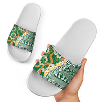Hawaiian Plumeria Lei Slide Sandals Kakau Motifs and Palaka Half Style Green Color LT03 - Polynesian Pride