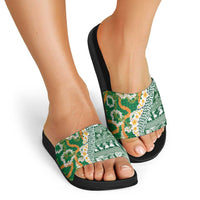 Hawaiian Plumeria Lei Slide Sandals Kakau Motifs and Palaka Half Style Green Color LT03 - Polynesian Pride