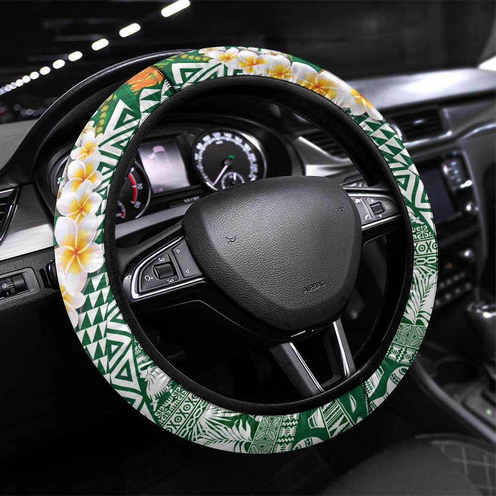 Hawaiian Plumeria Lei Steering Wheel Cover Kakau Motifs and Palaka Half Style Green Color LT03 Universal Fit Green - Polynesian Pride