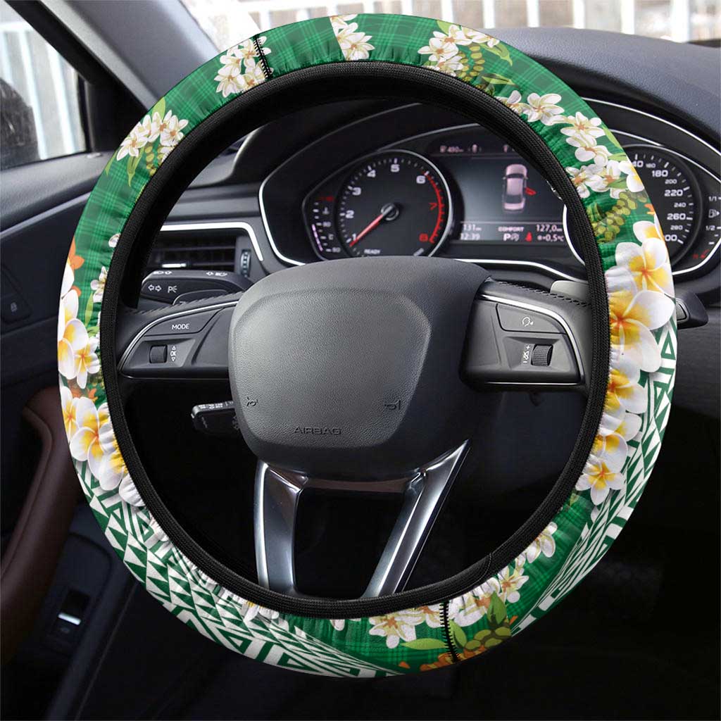 Hawaiian Plumeria Lei Steering Wheel Cover Kakau Motifs and Palaka Half Style Green Color LT03 - Polynesian Pride