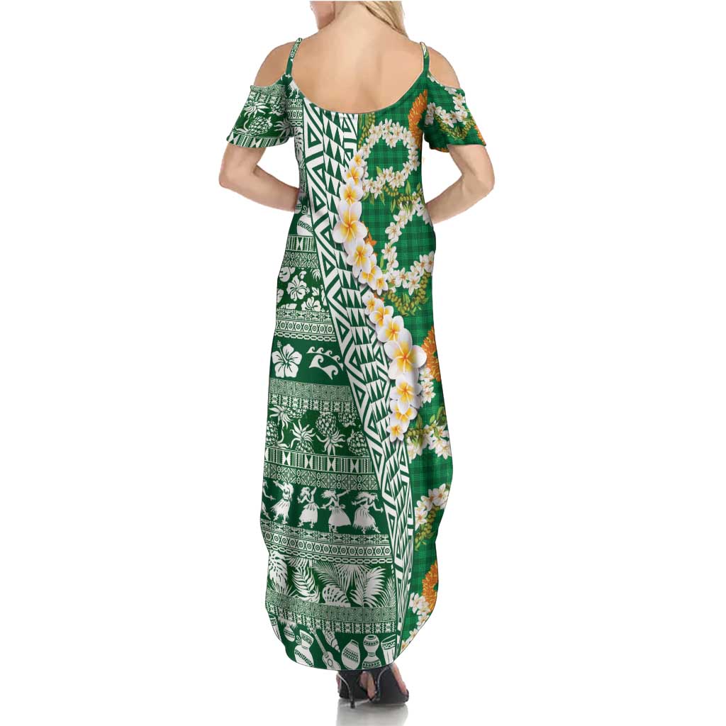Hawaiian Plumeria Lei Summer Maxi Dress Kakau Motifs and Palaka Half Style Green Color LT03 - Polynesian Pride