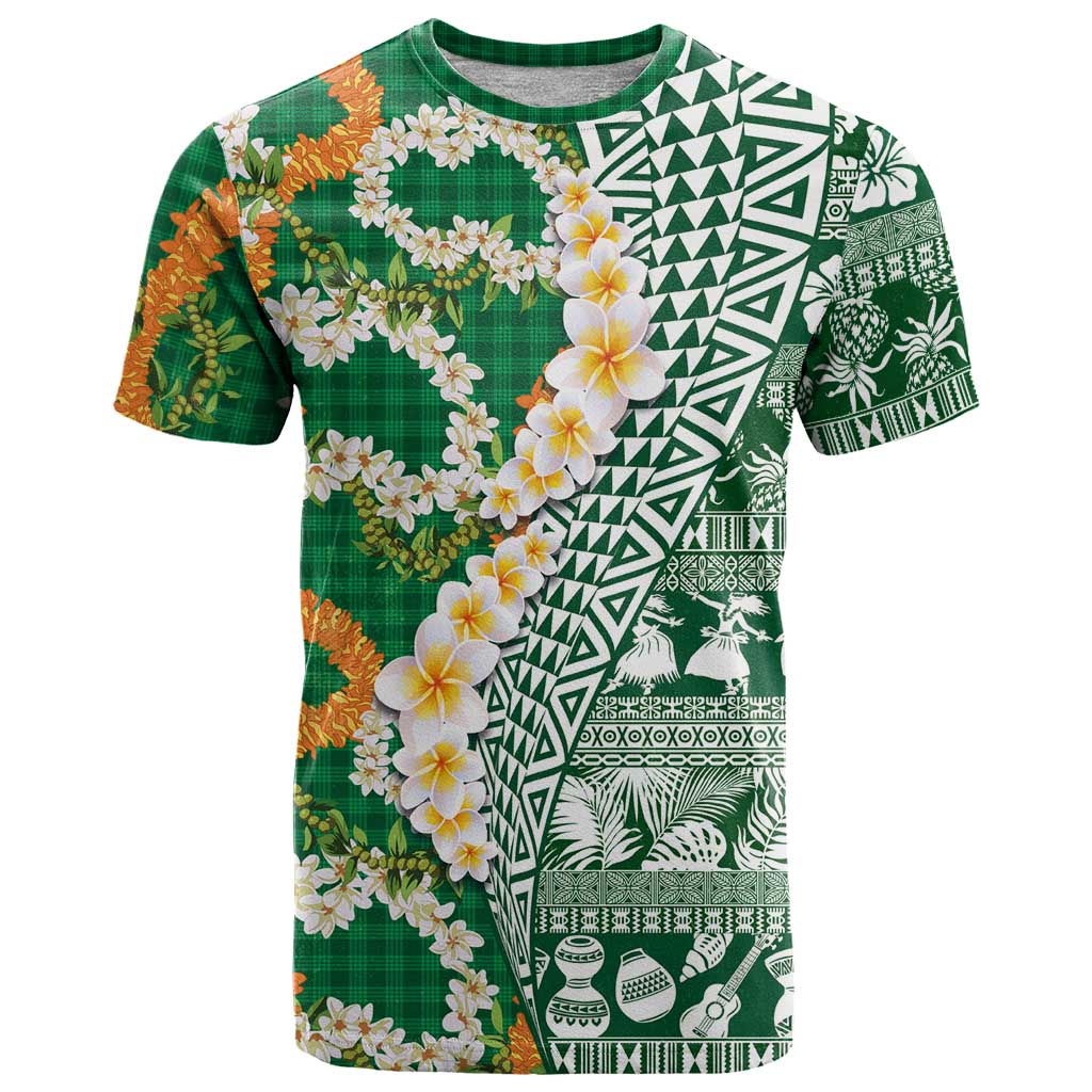 Hawaiian Plumeria Lei T Shirt Kakau Motifs and Palaka Half Style Green Color LT03 Green - Polynesian Pride