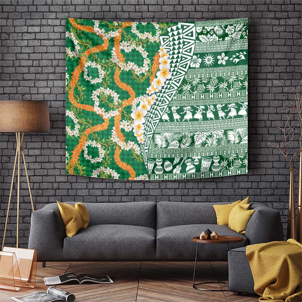 Hawaiian Plumeria Lei Tapestry Kakau Motifs and Palaka Half Style Green Color LT03 Green - Polynesian Pride