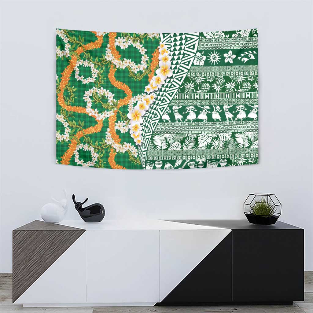 Hawaiian Plumeria Lei Tapestry Kakau Motifs and Palaka Half Style Green Color LT03 - Polynesian Pride